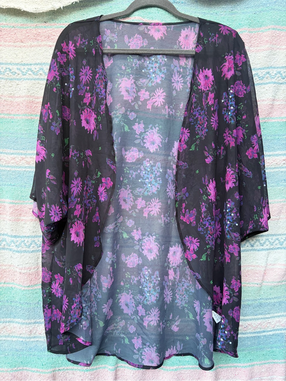 Sheer Black Kimono with Purple Floral Print
